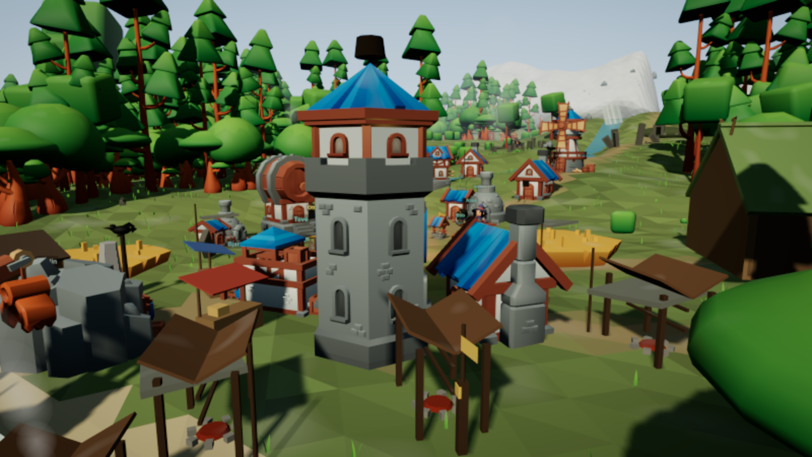 The market square of Lysvik at midday — stalls, a watchtower, a windmill, and agents at work